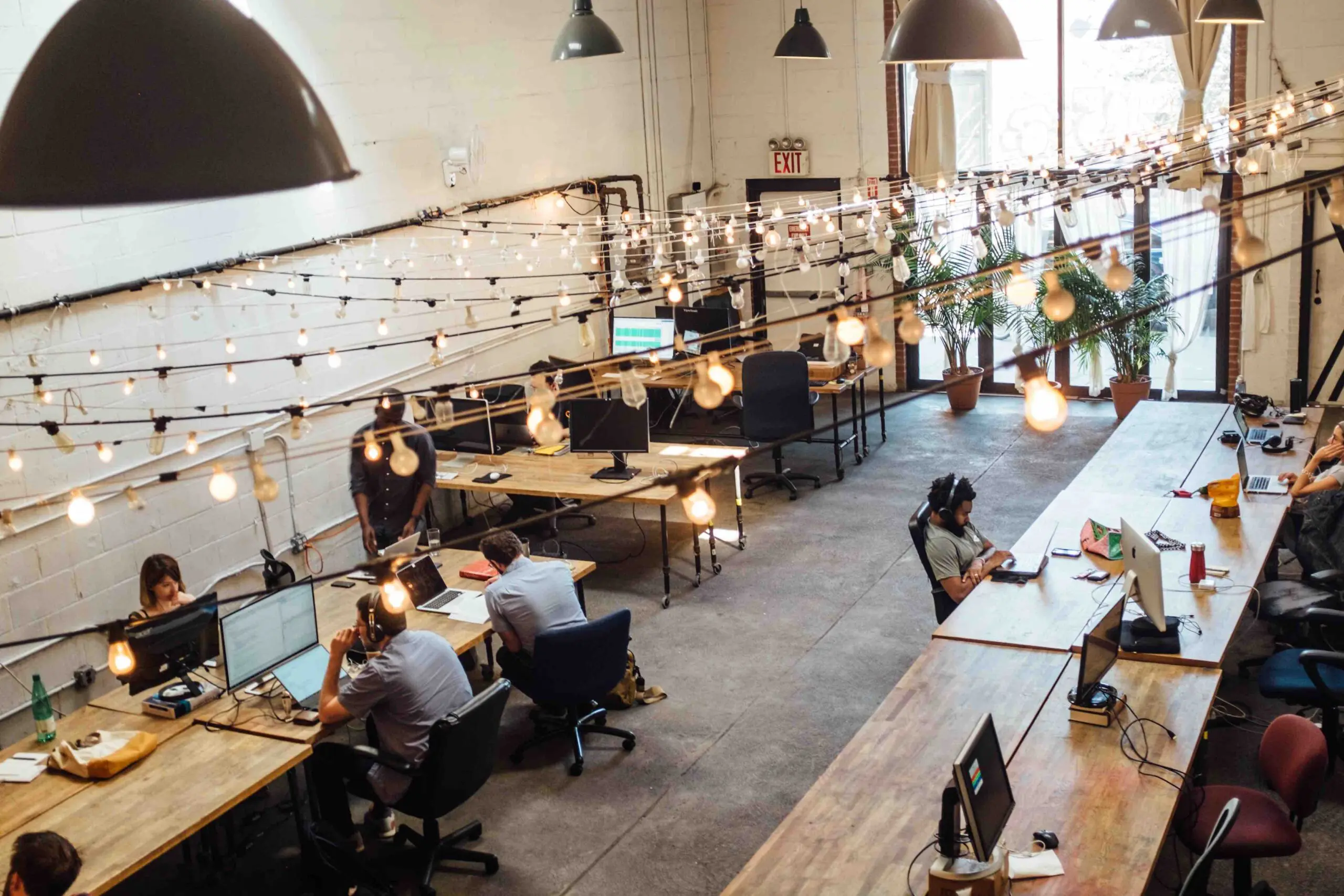 coworking space with string lights